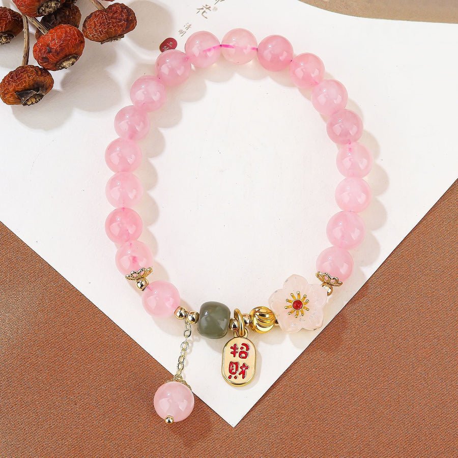Natural Pink Crystal Rabbit Bracelet with Green Bead