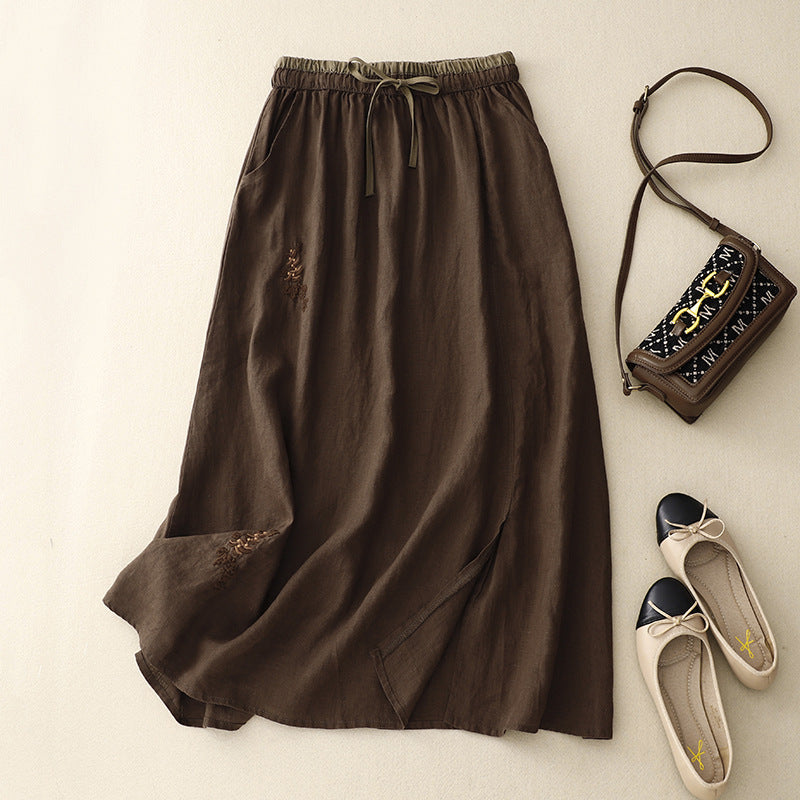 Embroidered Cotton Blend A-Line Skirt with Pockets