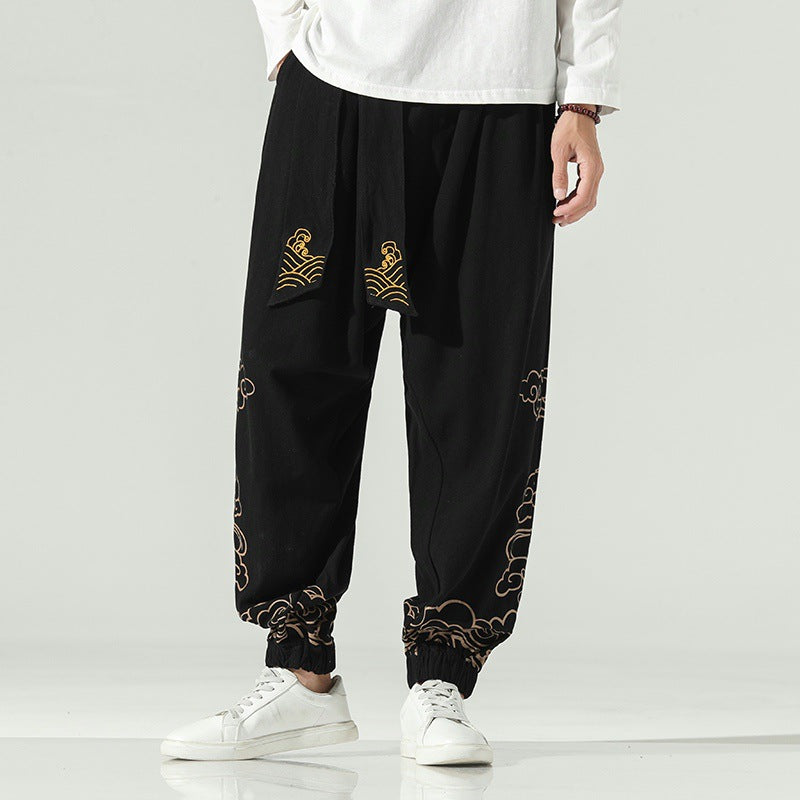 Men's Harem Pants with Cloud Embroidery, Cotton Linen Drawstring Trousers