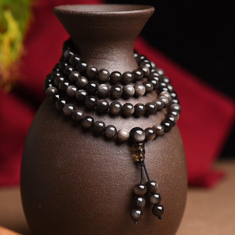 Silver Sheen Obsidian 108 Mala Bracelet Natural Stone