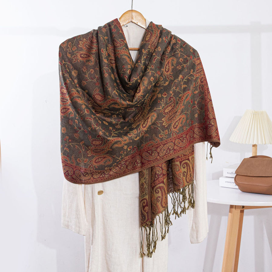 Jacquard Cashew Flower Pattern Tassel Shawl, Retro Ethnic Style Wrap