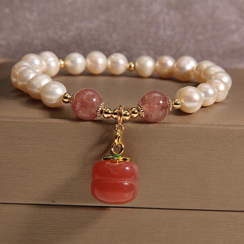 Freshwater Pearl Bracelet with Peach or Persimmon Charm