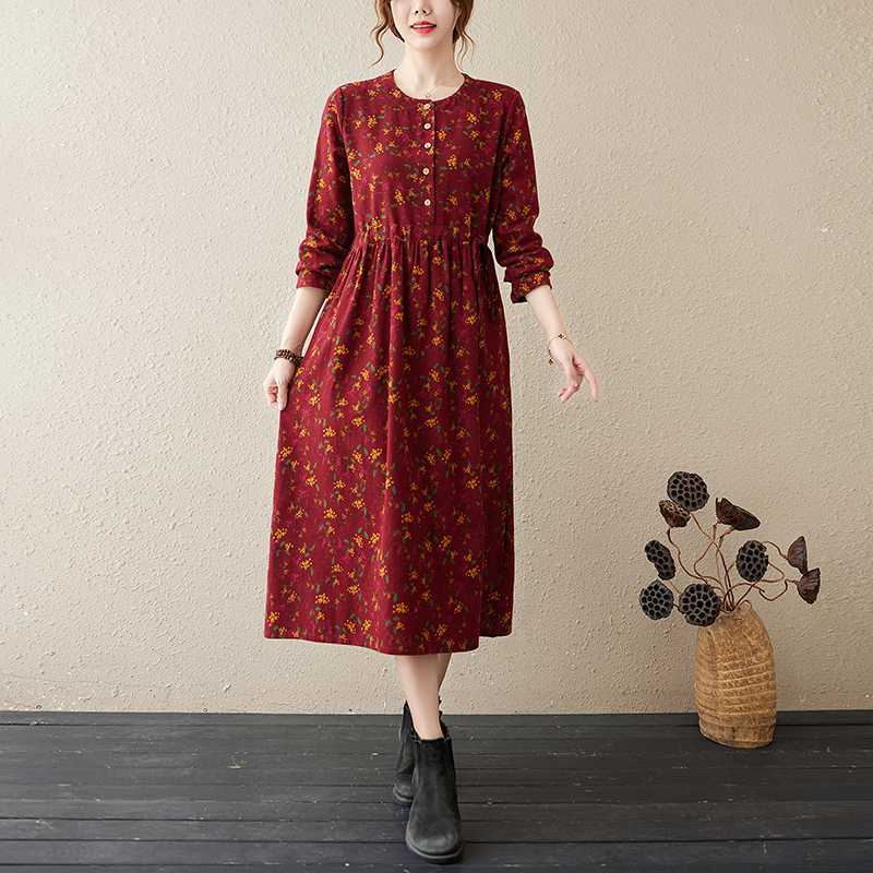 Ethnic Floral Cotton Linen Midi Dress with Pockets