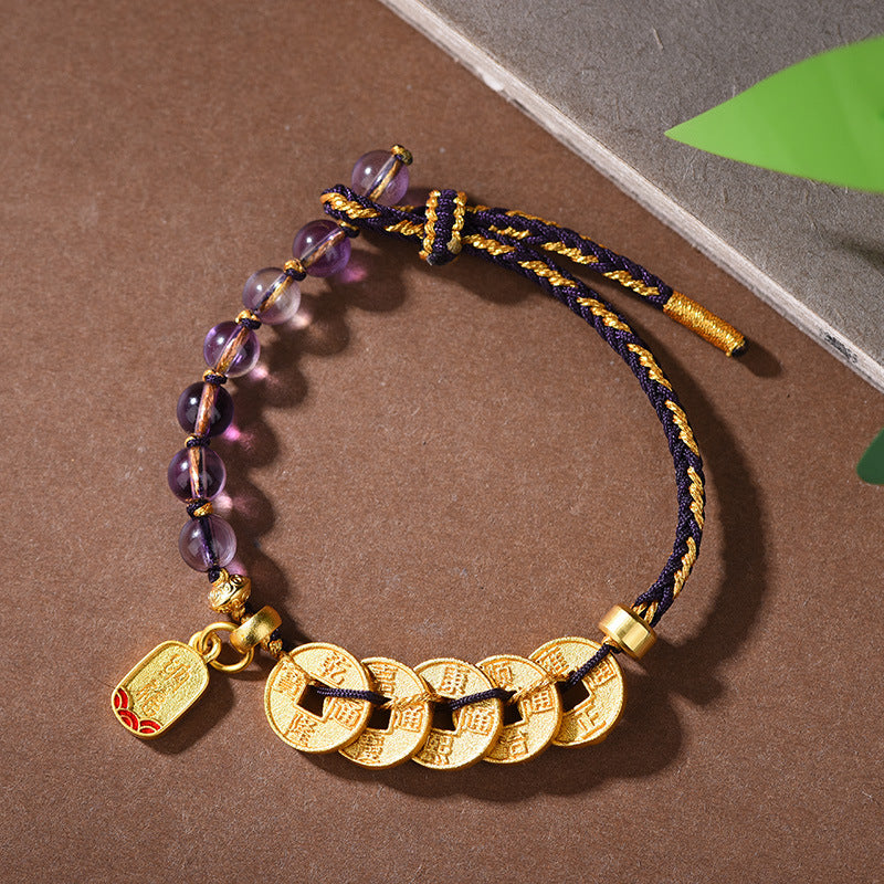 Five Emperor Coins Bracelet with Cinnabar or Amethyst