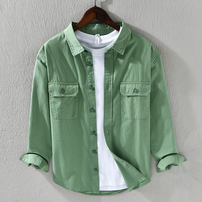 Men's Long Sleeve Turn-down Collar With Pocket Pure Color Casual Cotton Shirt