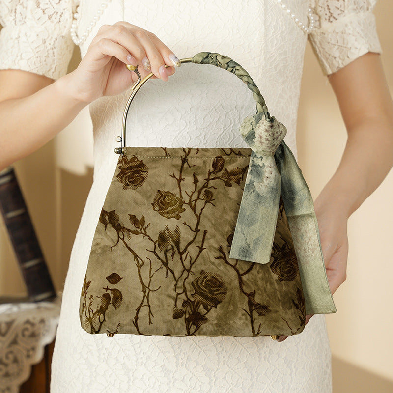Velvet Jacquard Crossbody Bag with Metal Handle