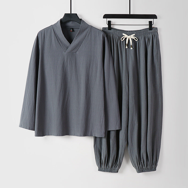 Men's Meditation Cloth Linen Set Long Sleeve T-shirt Pants