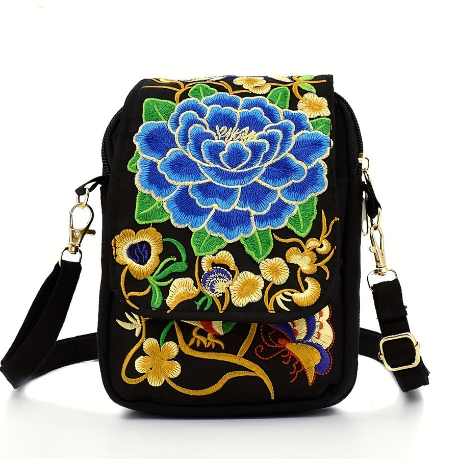 Embroidered Canvas Crossbody Bag with Floral Motifs