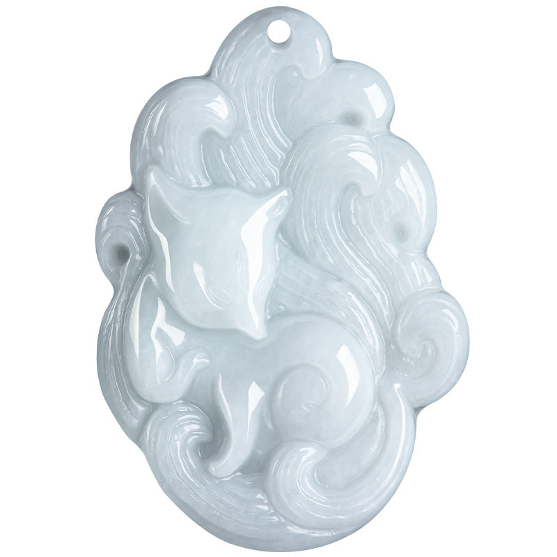 Carved white jade pendant featuring a nine-tailed fox design on a brown cord