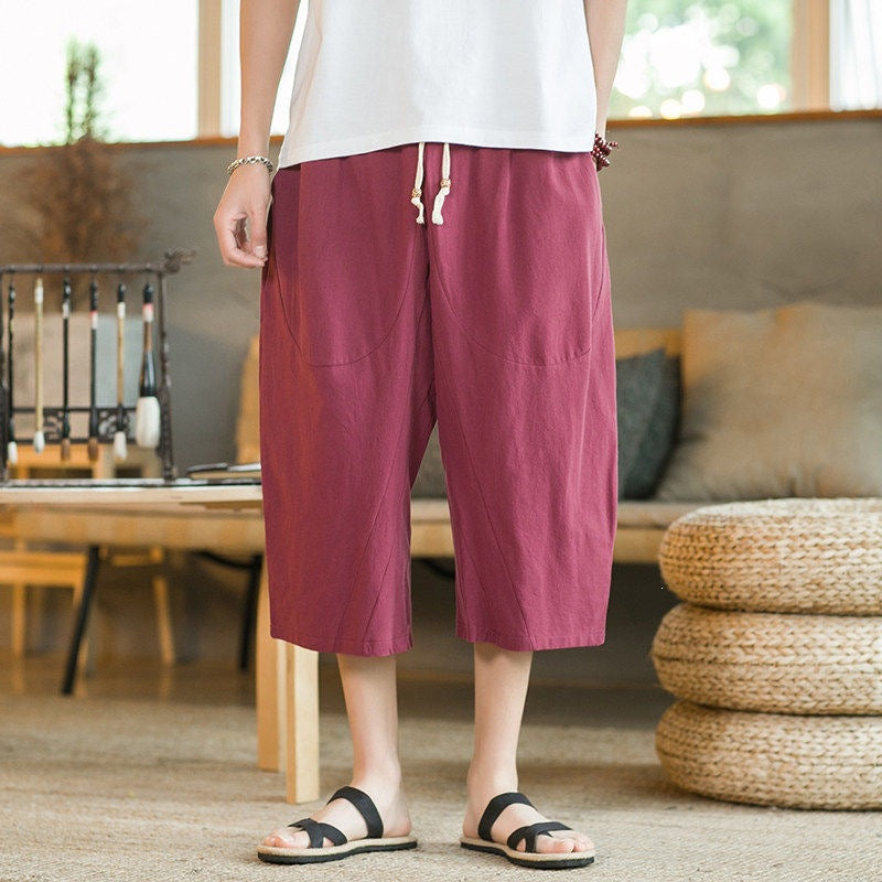 Men's Wide Leg Pants Linen Cropped Trousers