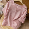 Women's Casual Linen Shirt Short Sleeve Middy Collar Button Top