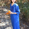 Cotton Linen Midi Dress with V-neck and Pleated Detail