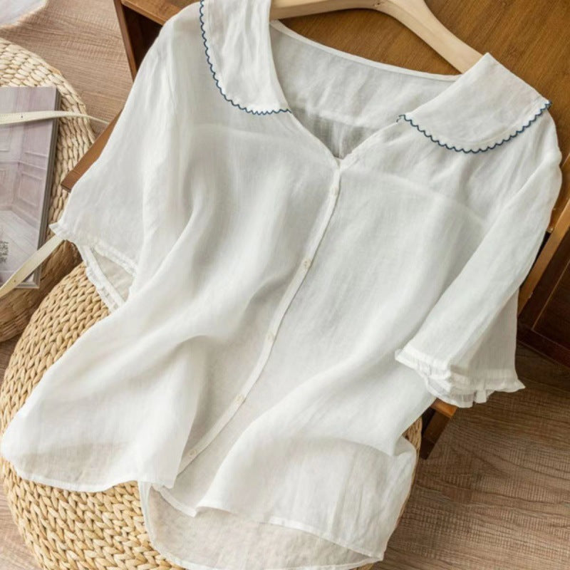 Women's Casual Linen Shirt Short Sleeve Middy Collar Button Top