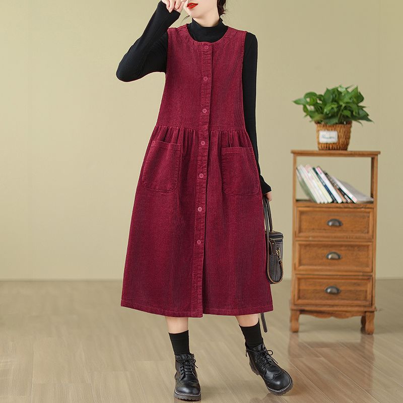 Retro Corduroy Midi Dress With Pockets