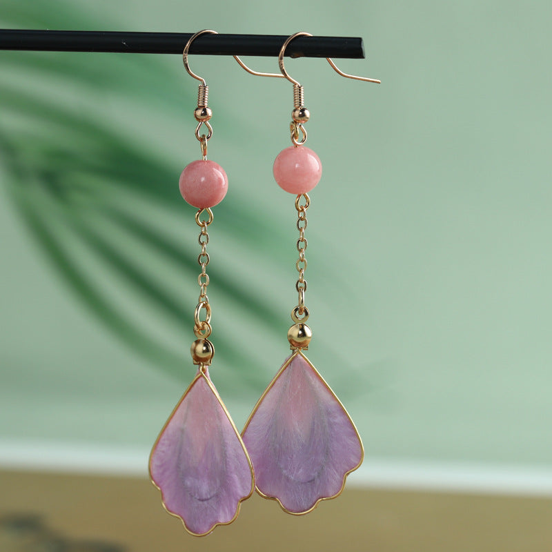 Pair of purple velvet flower drop earrings with pink beads on gold tone wire