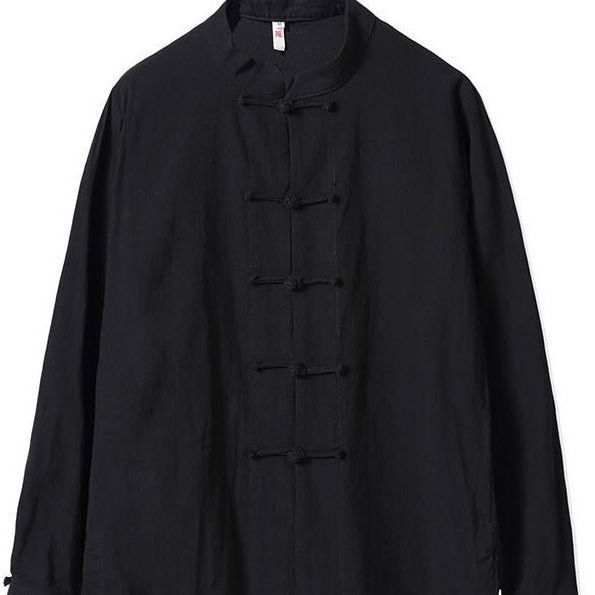 Black long-sleeve men's shirt with traditional frog buttons