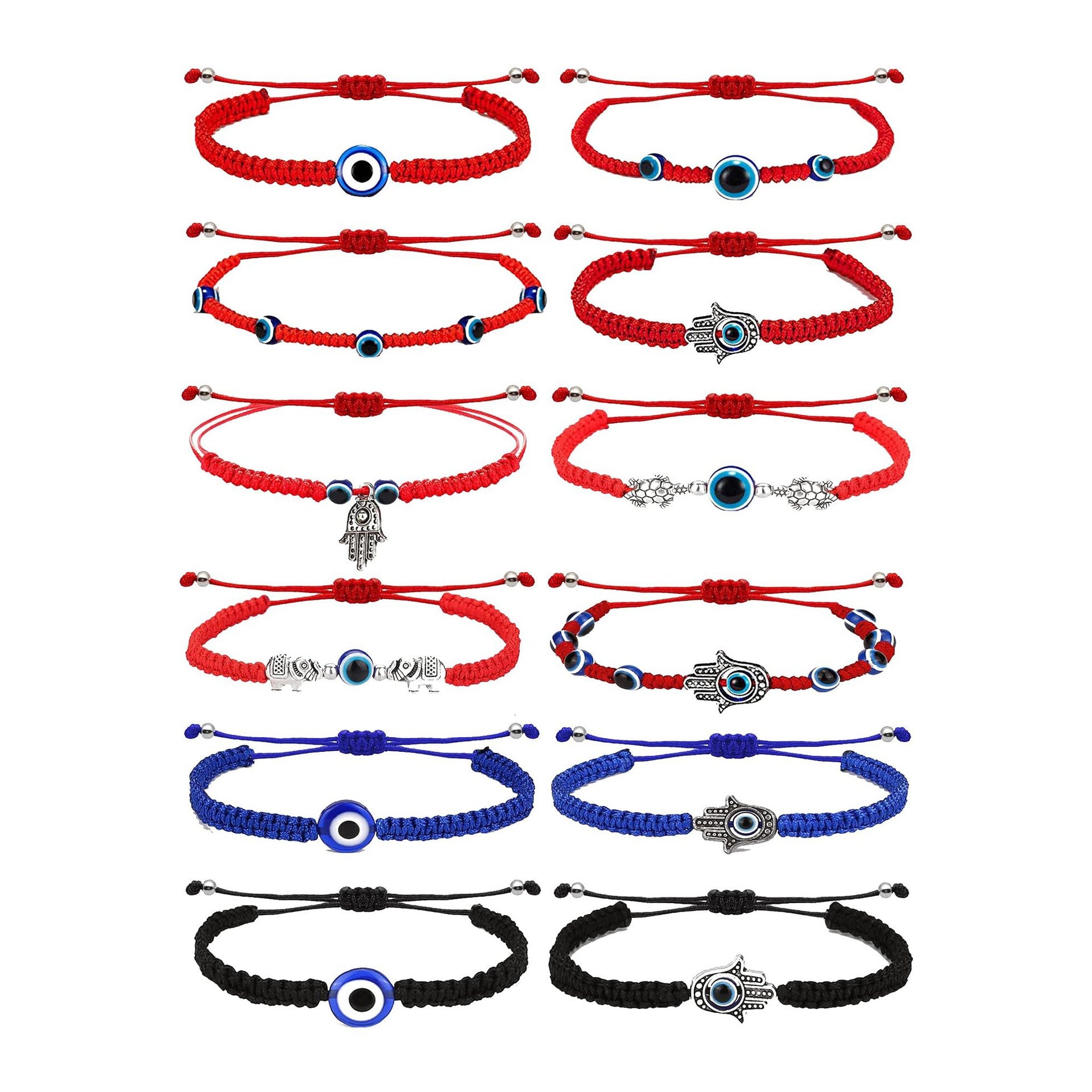Collection of woven Evil Eye bracelets in red, blue, and black with various charms