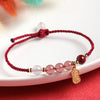 Strawberry Quartz Red String Bracelet with Lucky Cat Charm