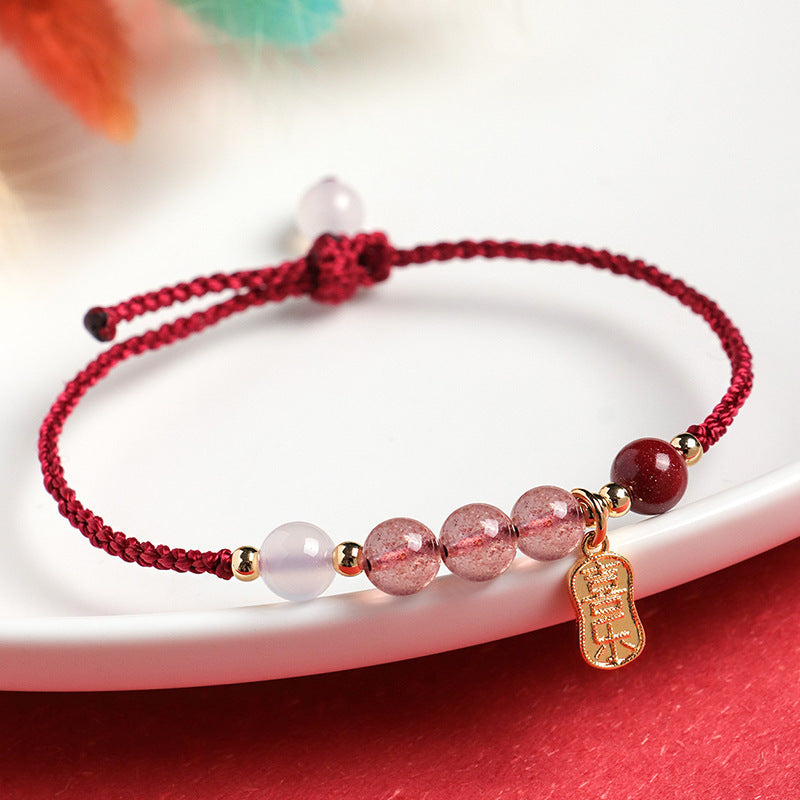 Strawberry Quartz Red String Bracelet with Lucky Cat Charm