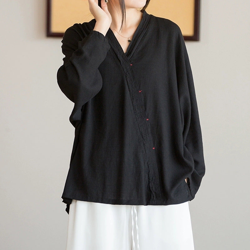 Long Sleeve Shirt V-Neck Cotton Linen Chinese Hanfu Style Top