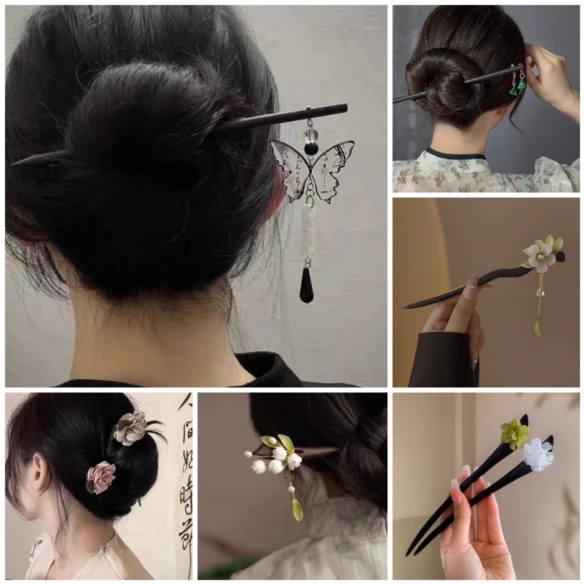 Back view of a woman wearing a black wooden hairpin with a silver butterfly charm in her dark hair bun.