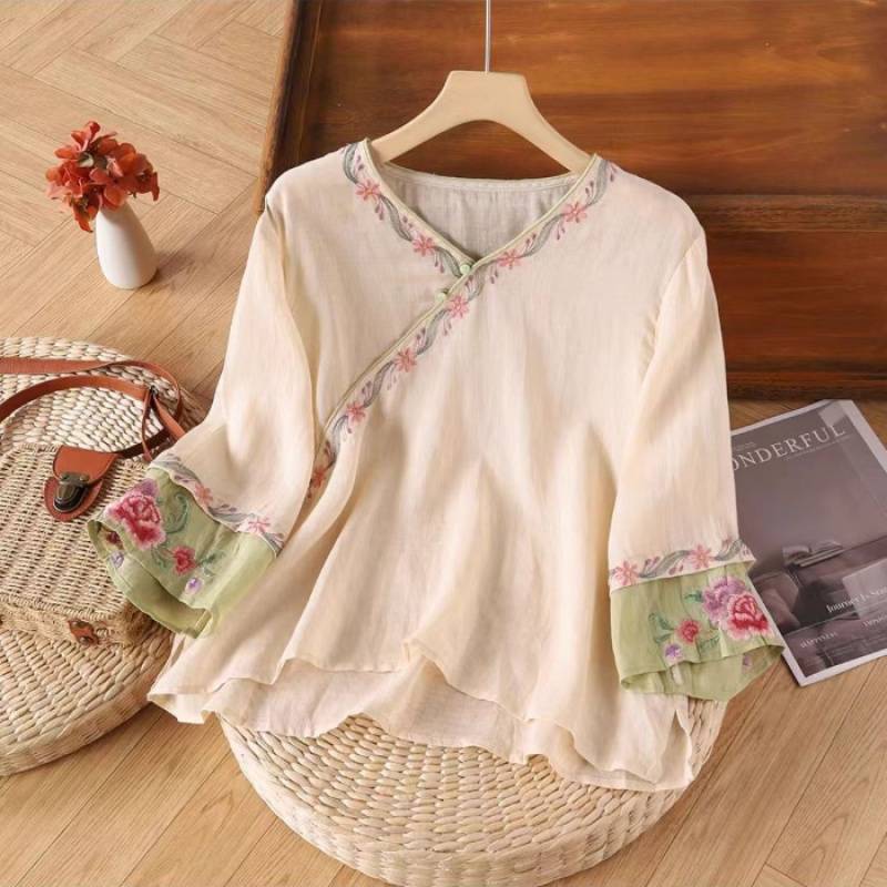 Embroidered Linen Top for Women, Traditional Chinese Style