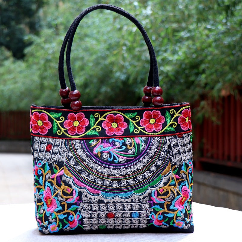Embroidered Canvas Tote Bag with Floral and Phoenix Motifs
