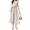 Cotton Linen Midi Dress, Elastic Waist Drawstring Short Sleeve