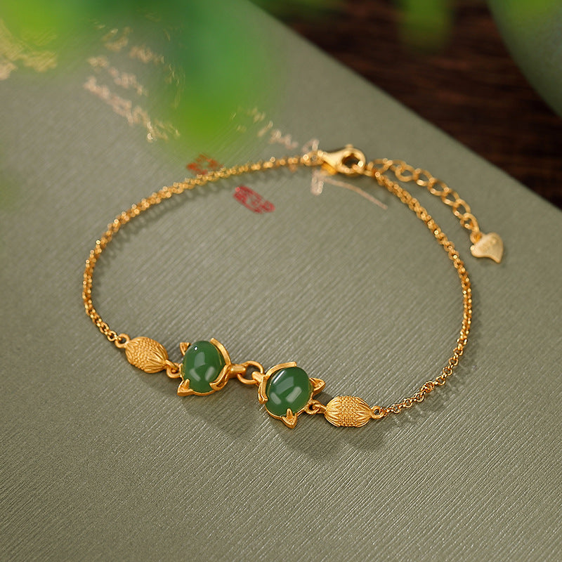 Sterling Silver Fox Bracelet with Natural Jade