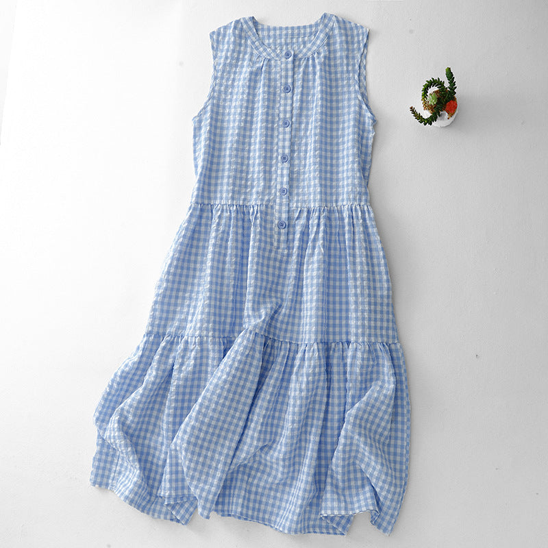 Blue and white plaid sleeveless cotton dress with tiered skirt