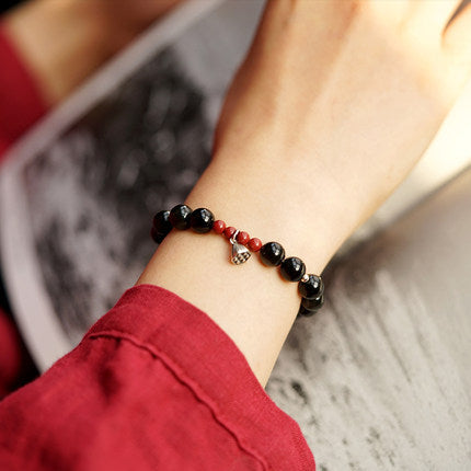 Black Obsidian and Cinnabar Lotus Pod Bracelet