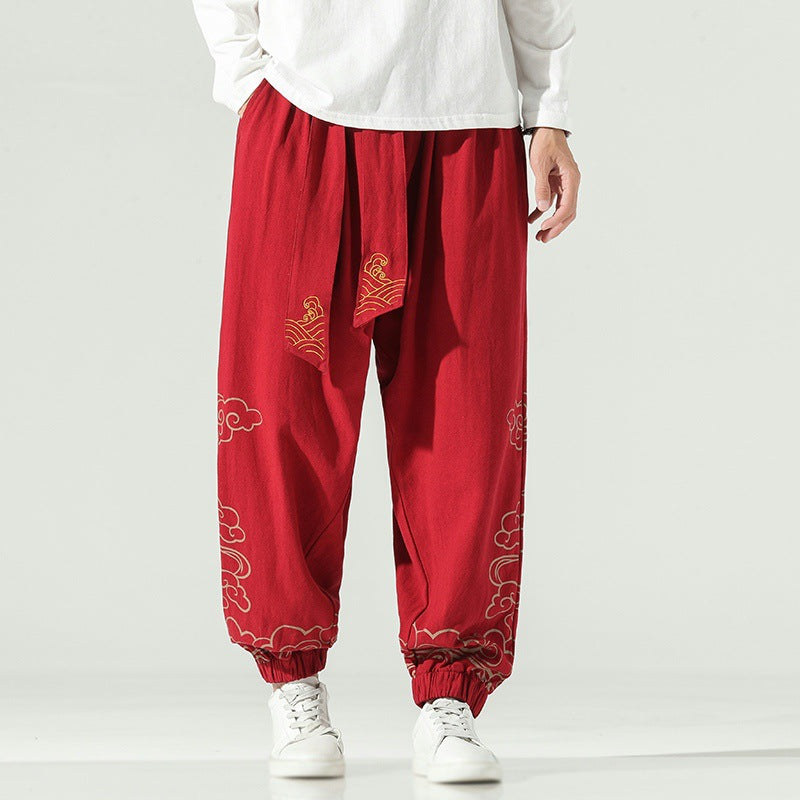 Men's Harem Pants with Cloud Embroidery, Cotton Linen Drawstring Trousers
