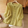 Embroidered V-Neck Linen Shirt for Women, Frog Button Top