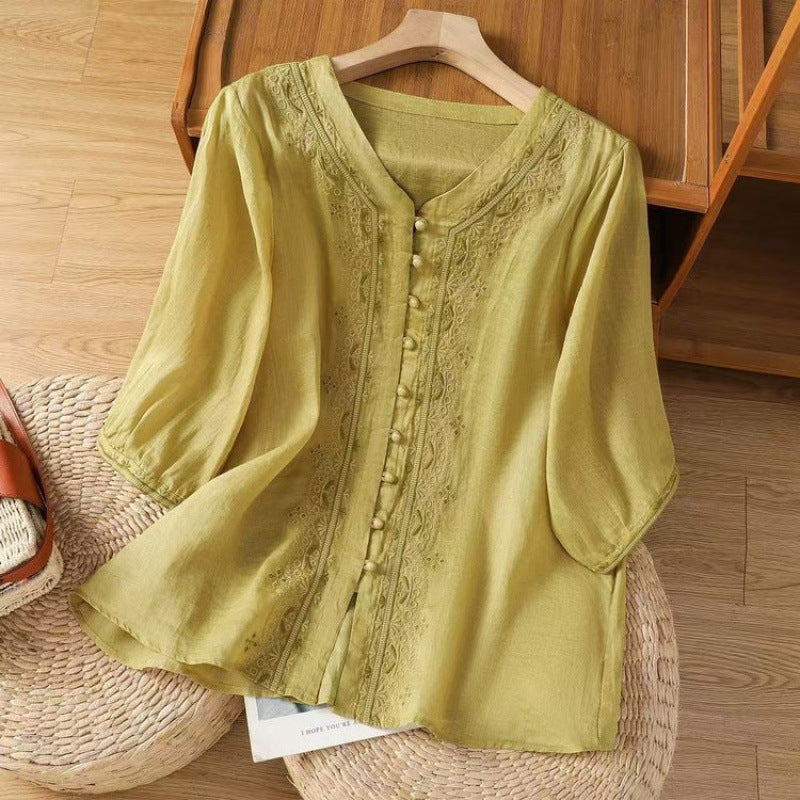 Embroidered V-Neck Linen Shirt for Women, Frog Button Top
