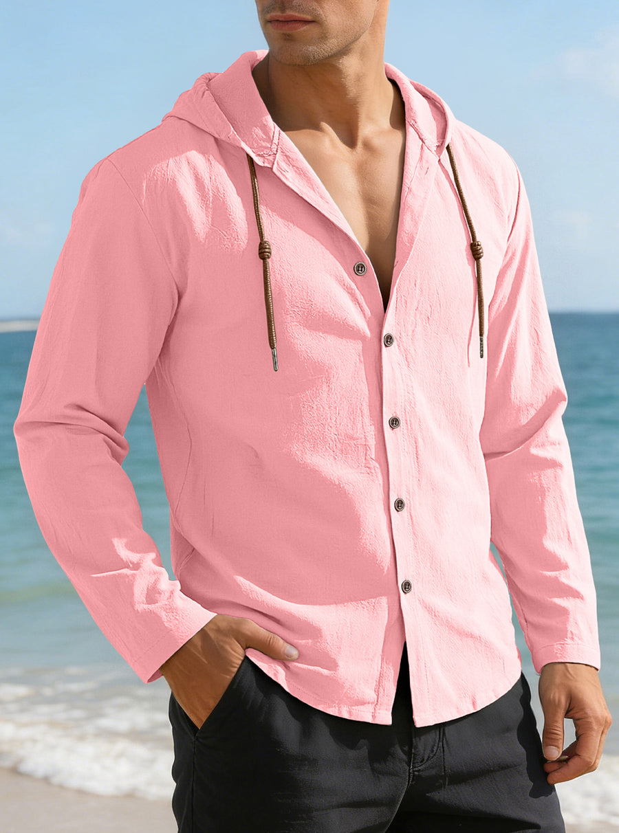 Men's Solid Color Long Sleeve Hooded Drawstring Buttons Shirt