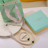 Faux Pearl and Green Stone Jewelry Set with Necklace, Bracelet and Earrings