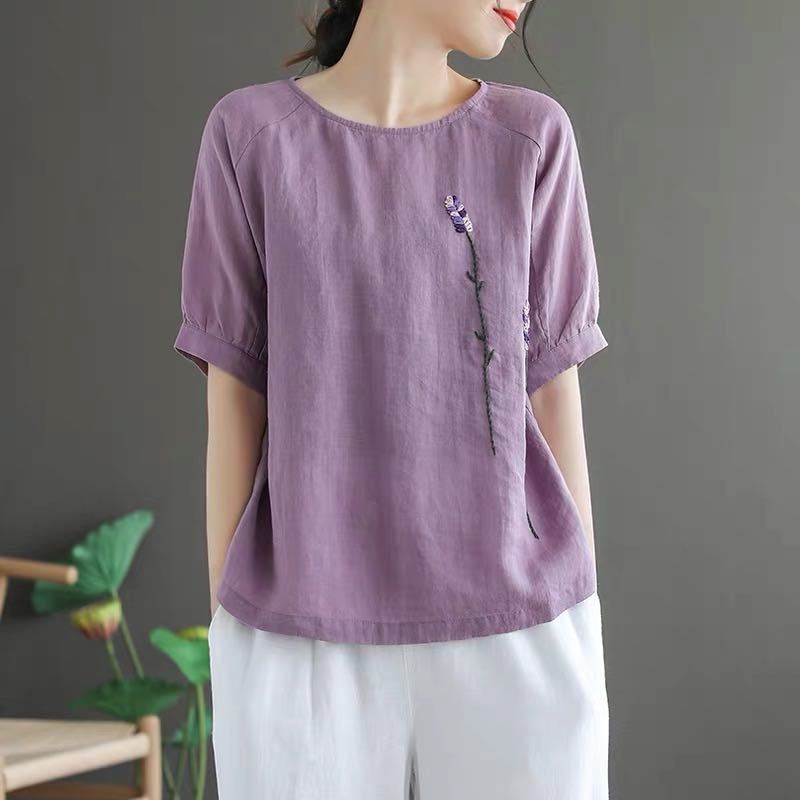 Purple cotton t-shirt with purple flower embroidery on the chest