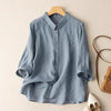 Blue linen cotton shirt with stand collar and embroidery detail
