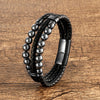 Men's Stone Bead Leather Bracelet, Stainless Steel Clasp