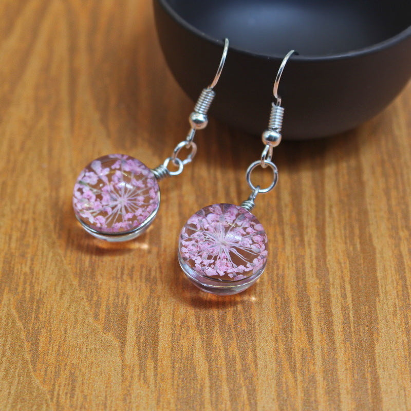 Dried Flower Glass Earrings, Handmade Floral Drop Jewelry