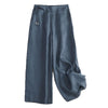 A pair of blue wide-leg cotton linen pants with a high waist and drawstring.