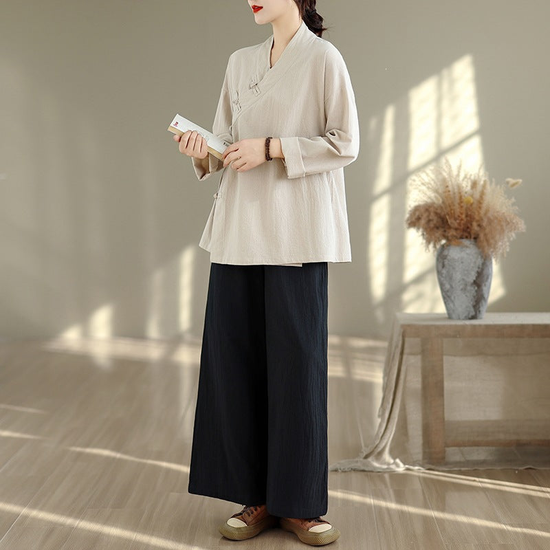 Women's Meditation Cloth Set: V-Neck Top and Wide Leg Pants