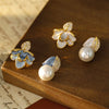 Asymmetric Enamel Flower and Pearl Stud Earrings