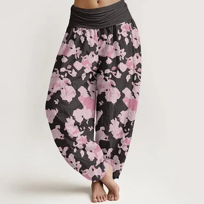Women's Cotton Harem Pants with Elastic Waist and Floral Print