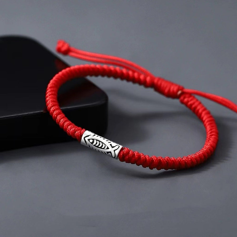 Tibet Koi Fish Wealth Black String Bracelet, Minimalist Copper Charm