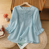 Embroidered Floral Three Quarter Sleeve Button Crew Neck Women's Shirt