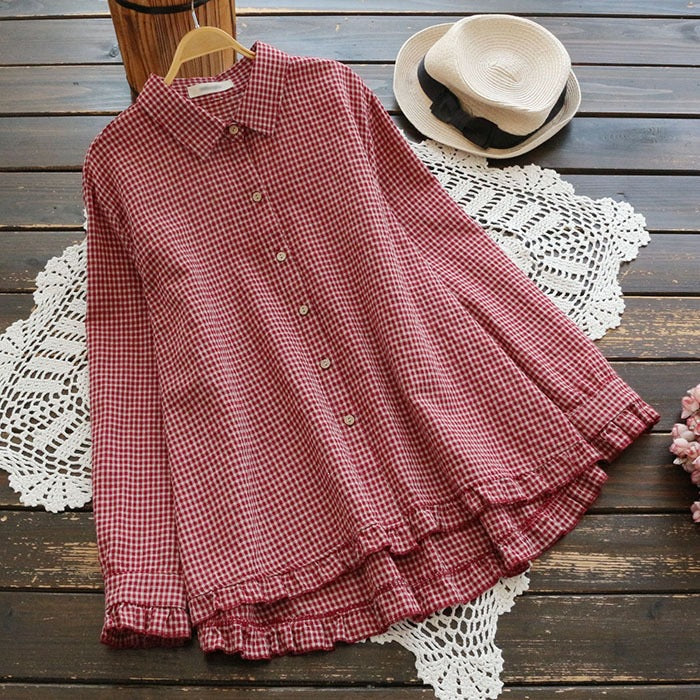 Spring Plaid Ruffled Hem Long Sleeve Women's Cotton Shirt