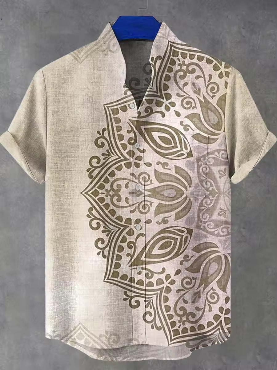 Front view of a beige linen short sleeve shirt with a brown mandala print