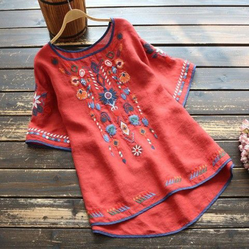 Embroidered Cotton Linen T-Shirt Women's Floral Crew Neck Short Sleeve Top