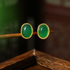 Gold Plated 925 Silver Oval Green Chalcedony Stud Earrings